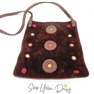 Vintage Franchi Brown Suede Crossbody Bag Embroidered Polka Dot Boho Artsy Retro